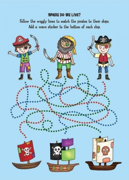 Pirate-themed maze activity page on a light blue background featuring three pirates at the top and colourful dotted-line paths leading to three ships at the bottom.