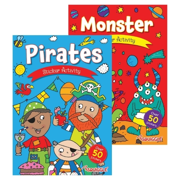 Two colourful sticker activity books side by side: one titled 'Pirates' showing cartoon pirates and flags on a blue background; and one titled 'Monster' showing two monsters and planets on a red background, both with an 'Over 50 stickers' badge on a white background.