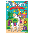 Colourful 'Unicorn' sticker activity book cover featuring a unicorn in front of a rainbow and castle with flowers and a "50 stickers" badge on a green background