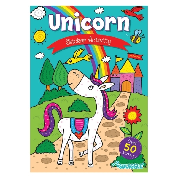 Colourful 'Unicorn' sticker activity book cover featuring a unicorn in front of a rainbow and castle with flowers and a "50 stickers" badge on a green background