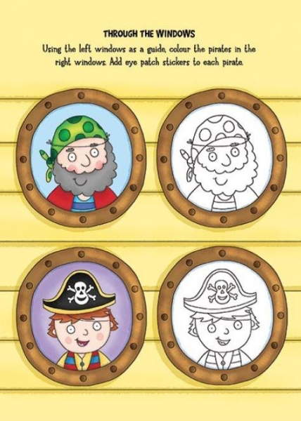 Through the windows activity page on a yellow background featuring four round porthole windows with two coloured pirates on the left and two outlines on the right, inviting kids to colour the pirates and add eye patch stickers.