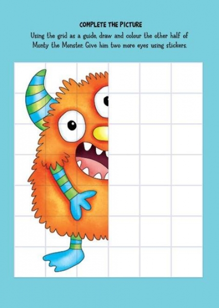 Complete-the-picture activity page featuring a friendly orange monster with horns and a striped tail on the left half and an empty white grid on a light blue background inviting kids to finish the drawing or add stickers.