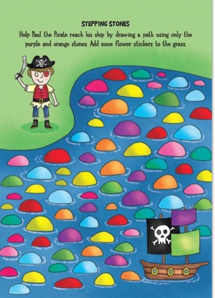 Stepping stones activity page showing a pirate on a grassy island and a path of colourful stepping stones across water leading to a pirate ship, inviting kids to draw a path using only purple and orange stones and add flower stickers to the grass.