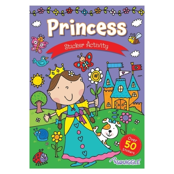 Colourful 'Princess' sticker activity book cover featuring a princess in a blue dress with a crown, castle and garden illustrations, with a '50 stickers' badge on a purple background