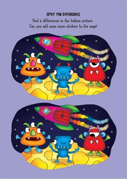 Space-themed 'spot the difference' activity page with two scenes featuring three colourful monsters and a rocket on a purple background, inviting kids to find six differences and add moon stickers.