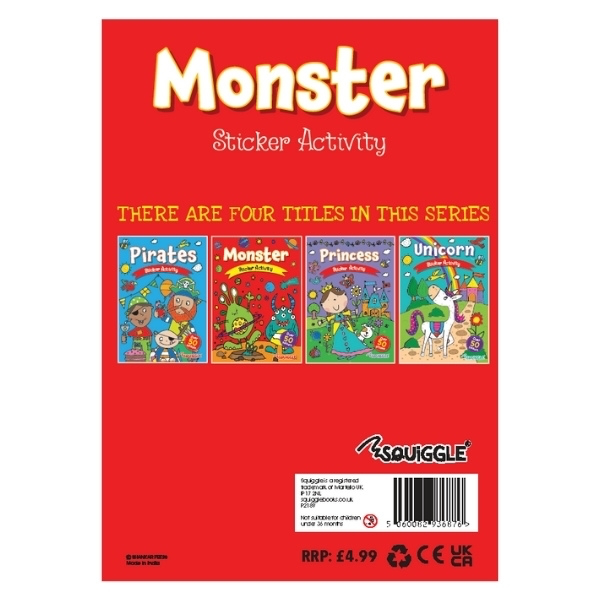 Back cover of the 'Monster' sticker activity book on a red background showing the four titles in this series (Pirates, Monster, Princess, Unicorn) with Squiggle branding and RRP price.