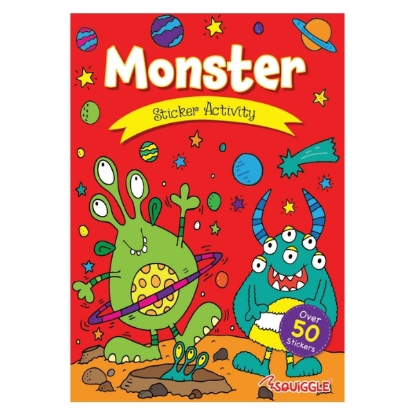 Colourful 'Monster' sticker activity book cover featuring two cartoon monsters and planets on a red background with a yellow banner reading 'Sticker Activity' and a 'Over 50 stickers' badge.