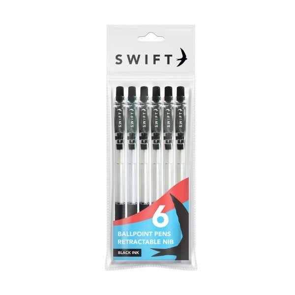 Swift Black Retractable Ballpoint Pens 6 Pack