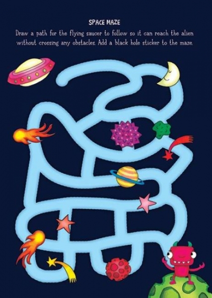 Space maze activity page on a dark blue background with a light blue winding path guiding a flying saucer to a green alien, surrounded by planets, stars, asteroids and comets.