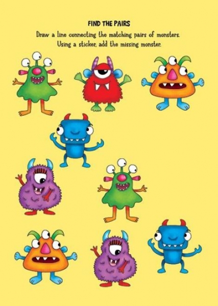 Find the pairs activity page on a yellow background featuring colourful cartoon monsters arranged in rows, inviting kids to draw lines connecting matching pairs and add the missing monster.