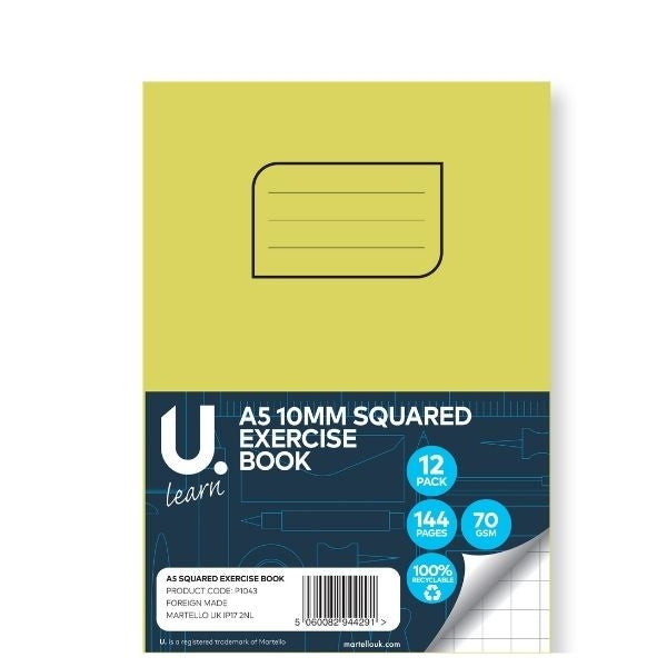U. Stationery A5 10mm Squared Exercise Book – 72 Sheets