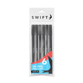 Six black Swift gel pens in transparent packaging with a red and blue label and '6 gel pens pull cap' text on a white background