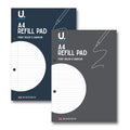 Blue and grey A4 refill pad covers with U. Stationery branding on a white background