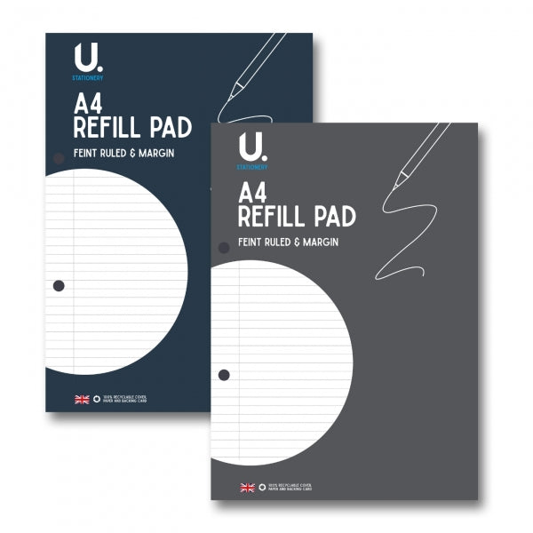 Blue and grey A4 refill pad covers with U. Stationery branding on a white background