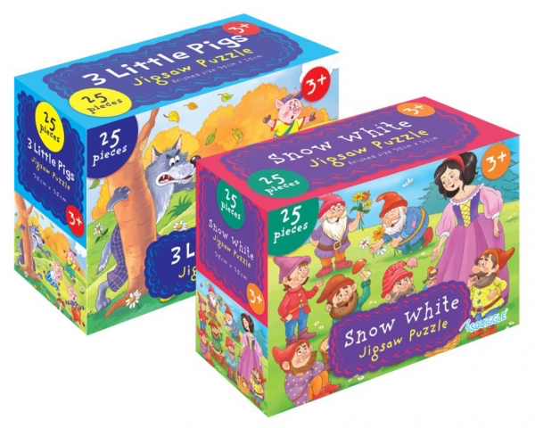 Two colourful puzzle boxes: '3 Little Pigs' and 'Snow White' 25-piece jigsaw puzzles on a white background