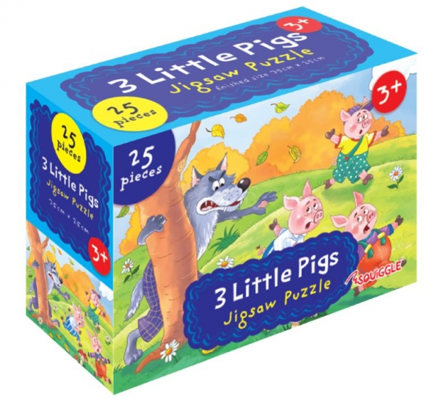 Colourful '3 Little Pigs' 25‑piece jigsaw puzzle box featuring the Big Bad Wolf and pigs illustration on a white background