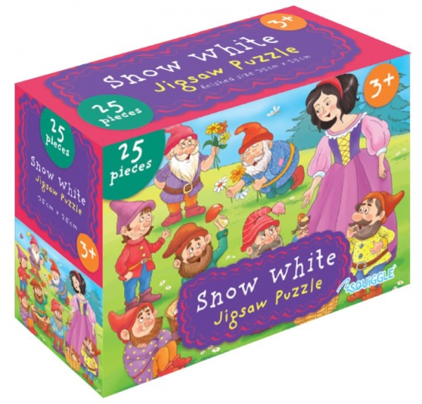 Colourful 'Snow White' 25‑piece jigsaw puzzle box featuring Snow White and seven dwarfs on a white background