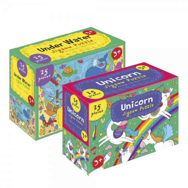 Two colourful jigsaw puzzle boxes: 'Under Water' and 'Unicorn' 25-piece puzzles on a white background