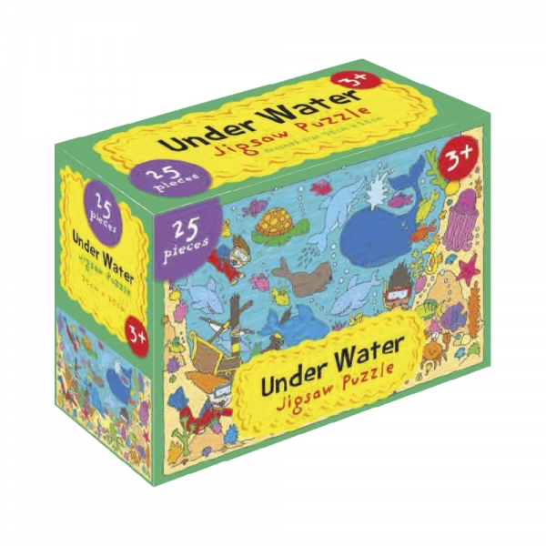 Colourful 'Under Water' 25-piece jigsaw puzzle box featuring underwater illustrations on a white background