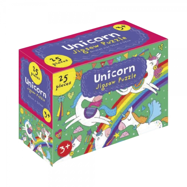Colourful 'Unicorn' 25-piece jigsaw puzzle box featuring a rainbow and unicorn illustration on a white background