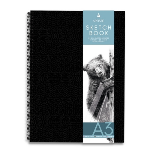 Black hardback A3 portrait sketchbook with spiral binding and teal vertical label featuring a bear illustration on a white background