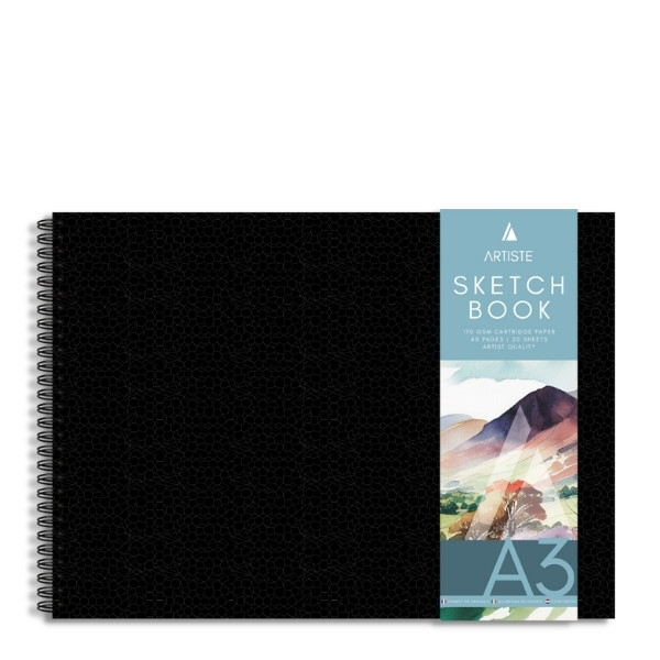 Black hardback A3 landscape sketchbook with spiral binding and a colourful mountain illustration on the cover, on a white background