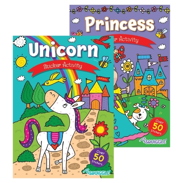 Two colourful sticker activity book covers side by side: one featuring a unicorn in front of a rainbow and castle on a blue and green background and one featuring a princess in a blue dress with castle and garden on a purple background, both with a '50 stickers' badge.