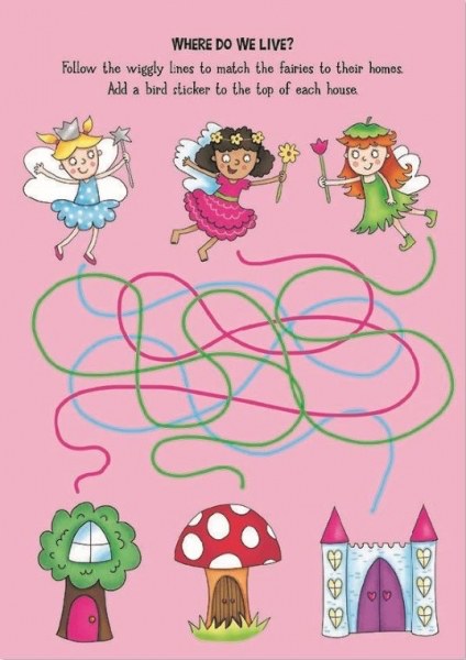 Pink maze activity page with three fairies at the top and colorful wiggly lines leading to a tree house, a mushroom house and a castle, inviting kids to match each fairy to her home.