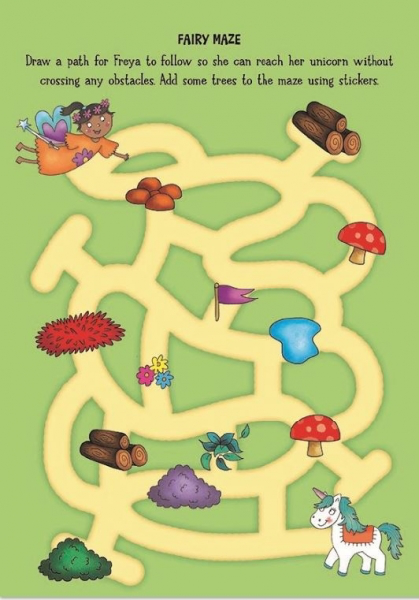 Green fairy maze activity page featuring a fairy and a unicorn, with a yellow winding path around mushrooms, logs, ponds, bushes and obstacles on a green background inviting kids to draw a path from the fairy to the unicorn.