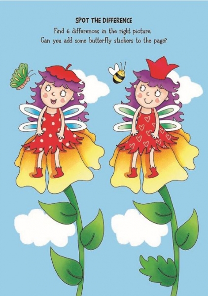 Illustrated 'spot the difference' activity page featuring two fairies in red dresses standing on yellow flowers against a blue sky, with bees, butterflies and a snail, asking children to find six differences.