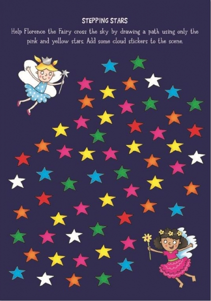 Dark blue stepping stars activity page with colourful stars arranged in a path shape and two fairies, inviting children to draw a path using pink and yellow stars to help the fairy cross the sky.