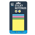 Packaging of U. Stationery sticky notepads showing four pastel sticky note pads (yellow, green, pink and blue) in a dark blue package with 'Sticky Notepads' text and a '4/240' badge on a white background.