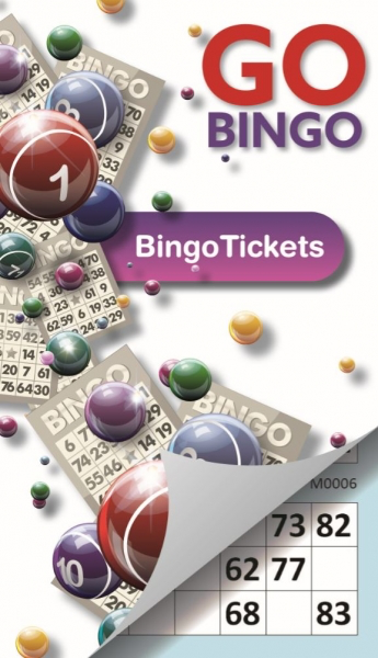Colourful Go Bingo tickets tear-out book with bingo balls and tickets imagery on the cover and a curled page revealing bingo numbers, on a white background