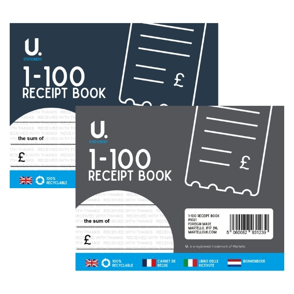 U. Stationery A6 Receipt Book 1-100 - Numbered Carbon Copy Receipt Pad