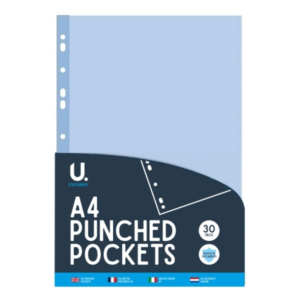 U. Stationery A4 Punched Pockets 30 Pack – Clear Polypropylene Binder Sleeves