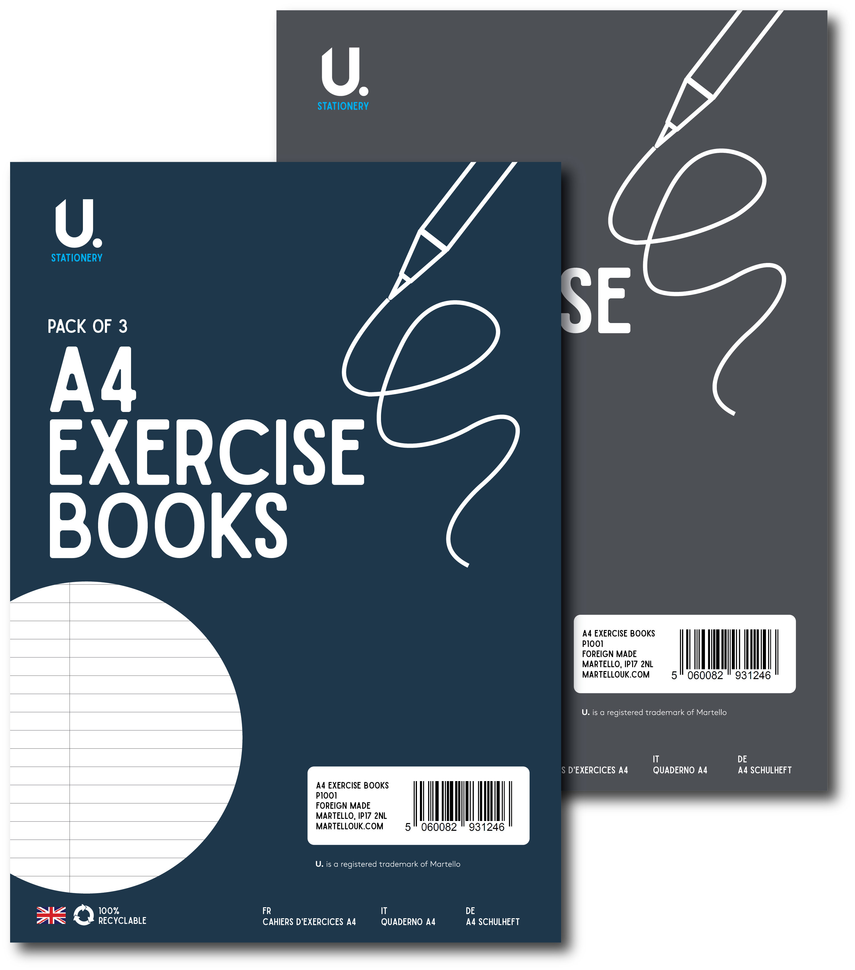 Pack of three A4 exercise books with 'U' branding on a white background