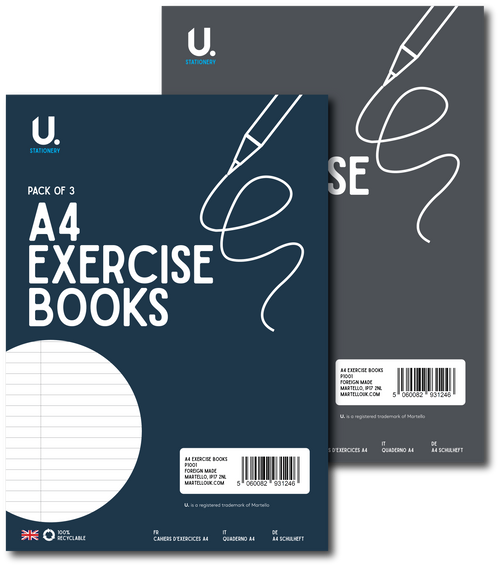 Pack of three A4 exercise books with 'U' branding on a white background