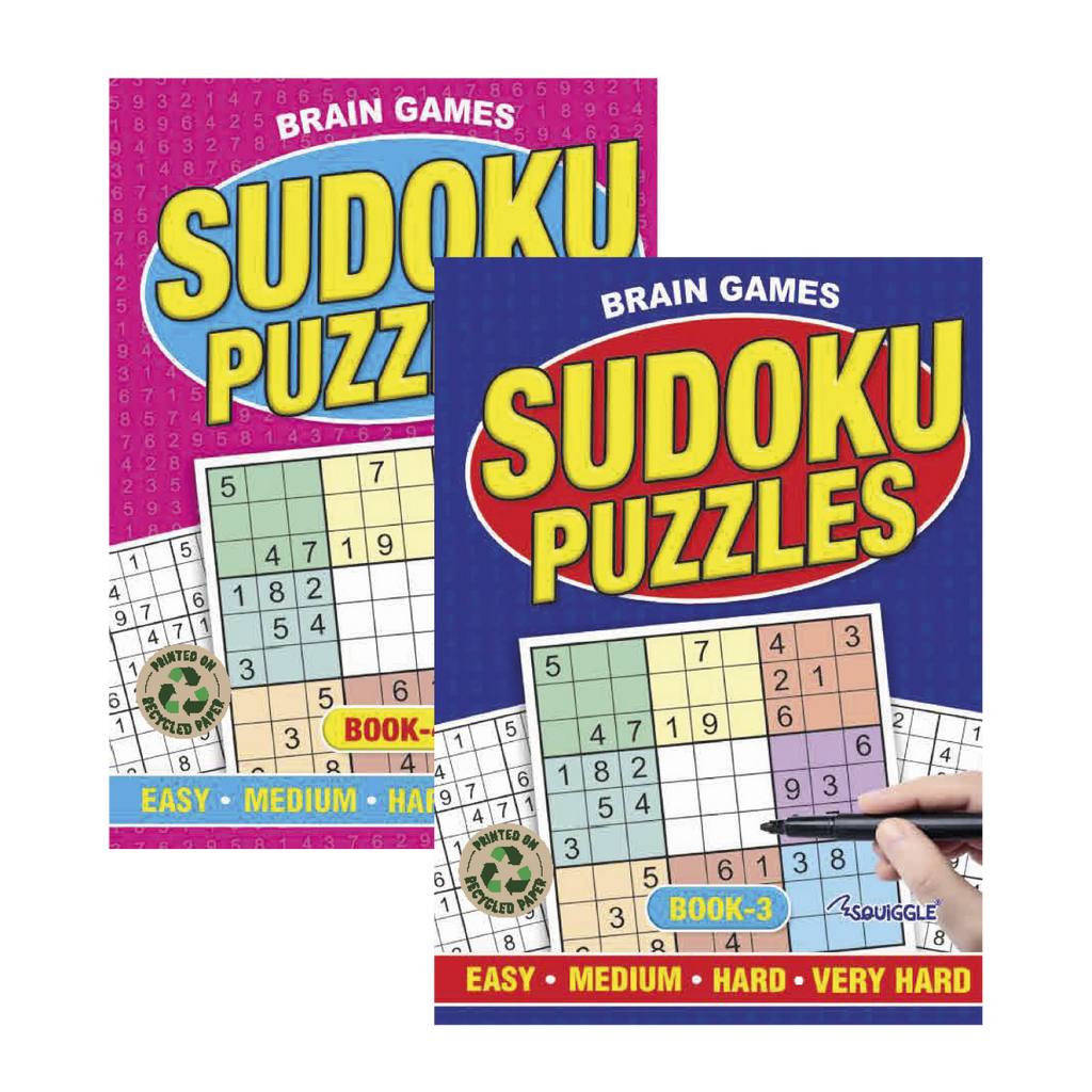 Two Sudoku puzzle books with colorful covers on a white background