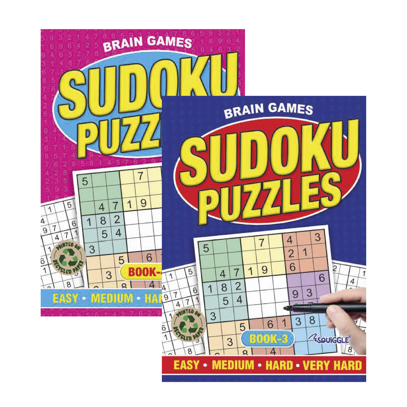 Two Sudoku puzzle books with colorful covers on a white background