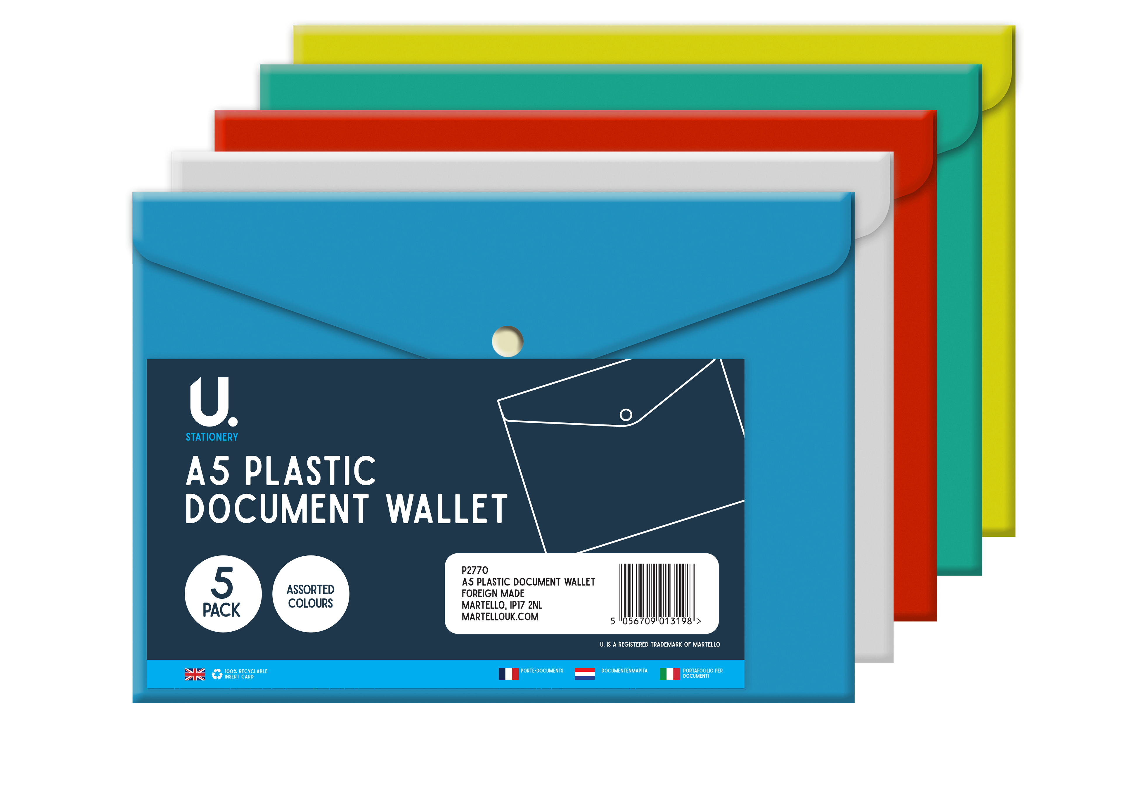 A5 Plastic Document Wallet, 5 Pack