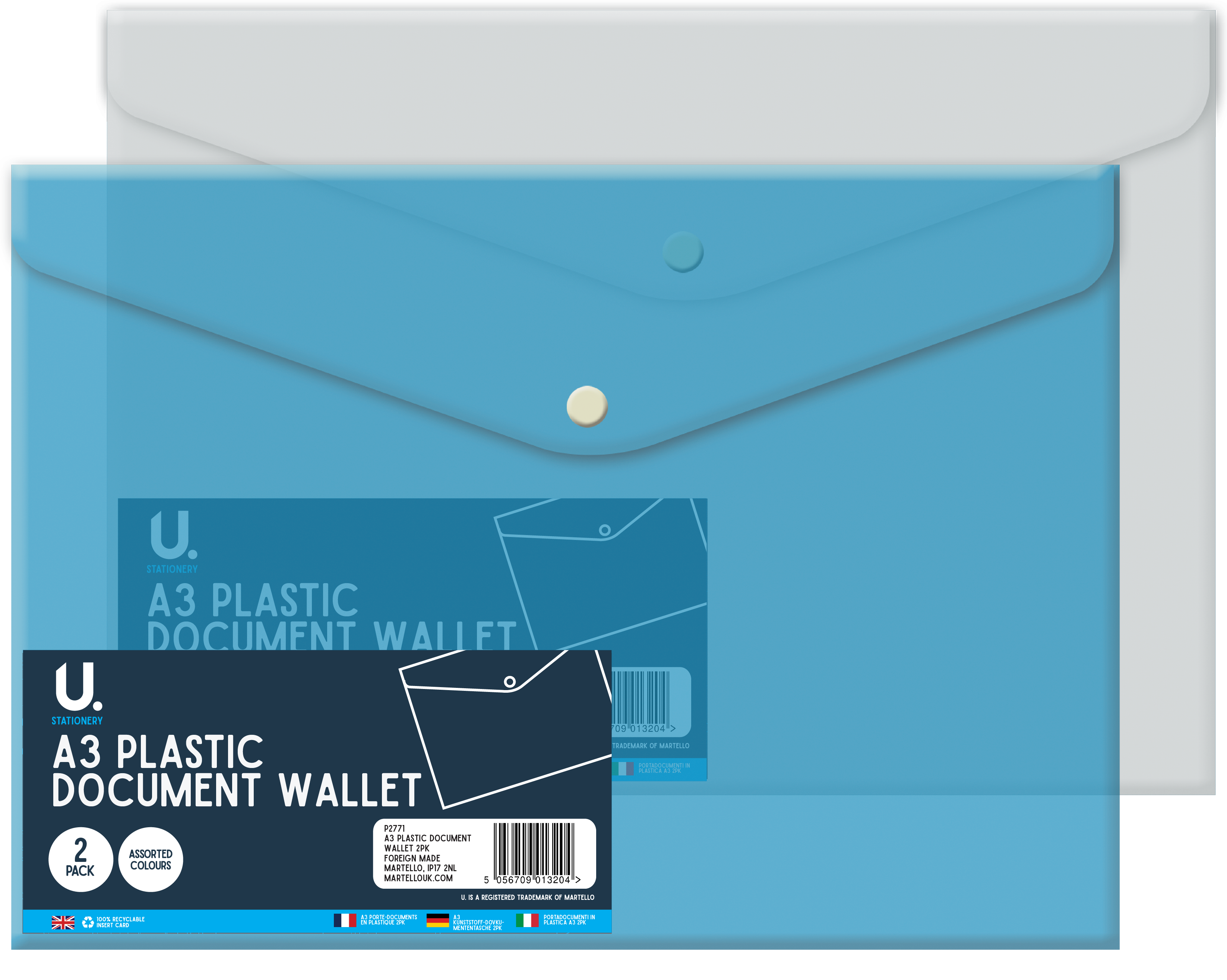 A3 Plastic Document Wallet, 2 Pack