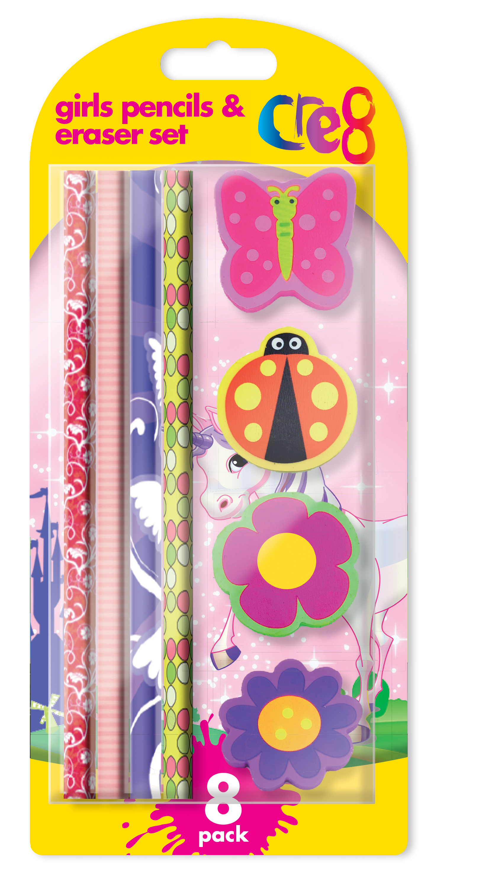 Girls Pencil & Eraser Set, 8 Pack