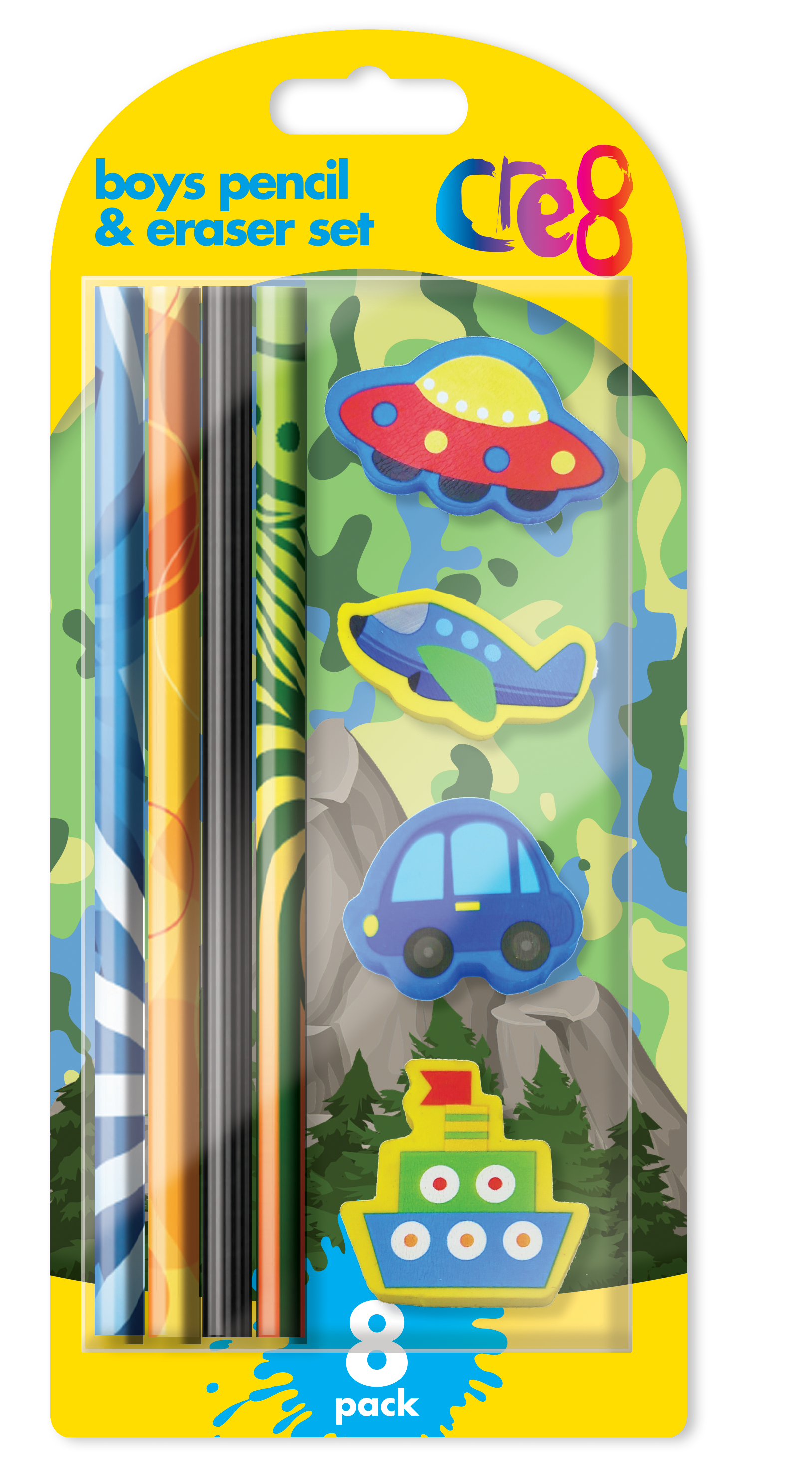 Boys Pencil & Eraser Set, 8 Pack