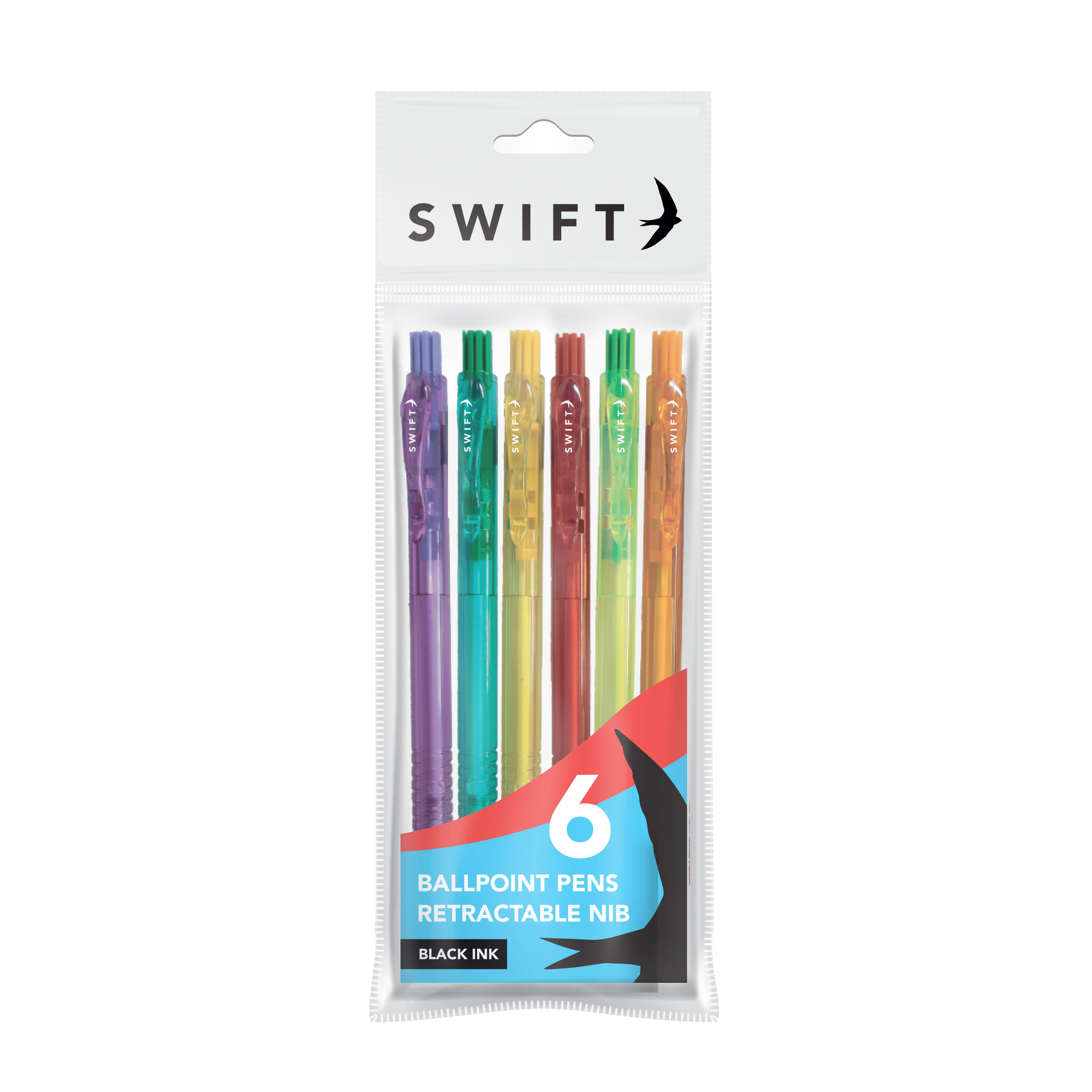 Colourful Retractable Ballpoint Pens, 6 Pack