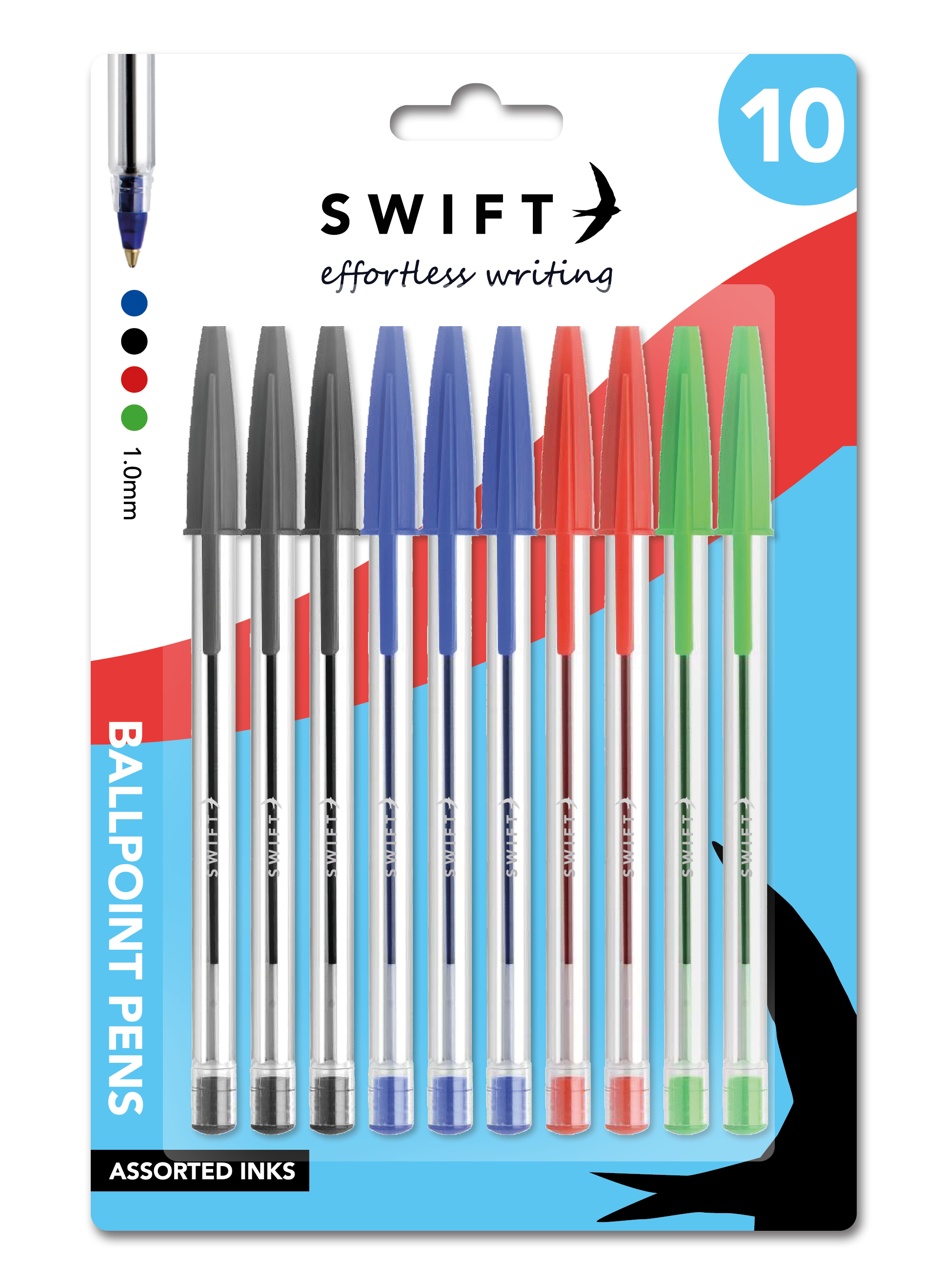 Pull Cap Ballpoint Pens, 10 Pack Assorted