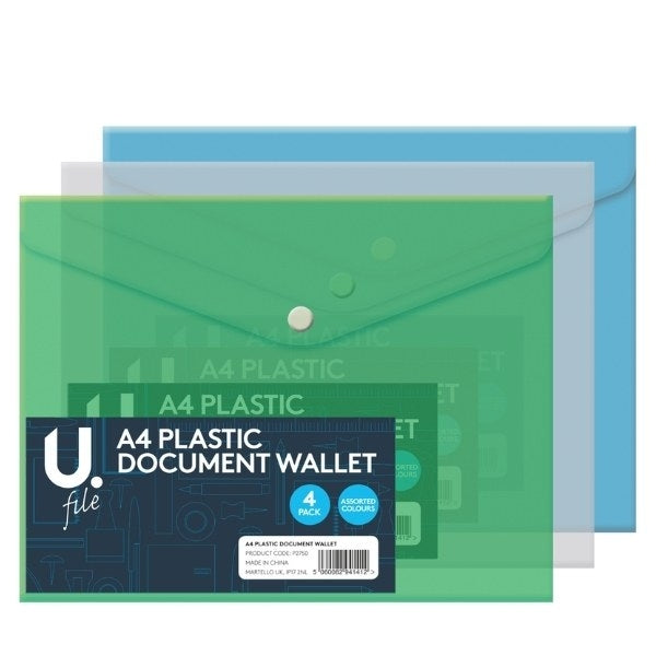 U. Stationery A4 Plastic Document Wallet 3 Pack